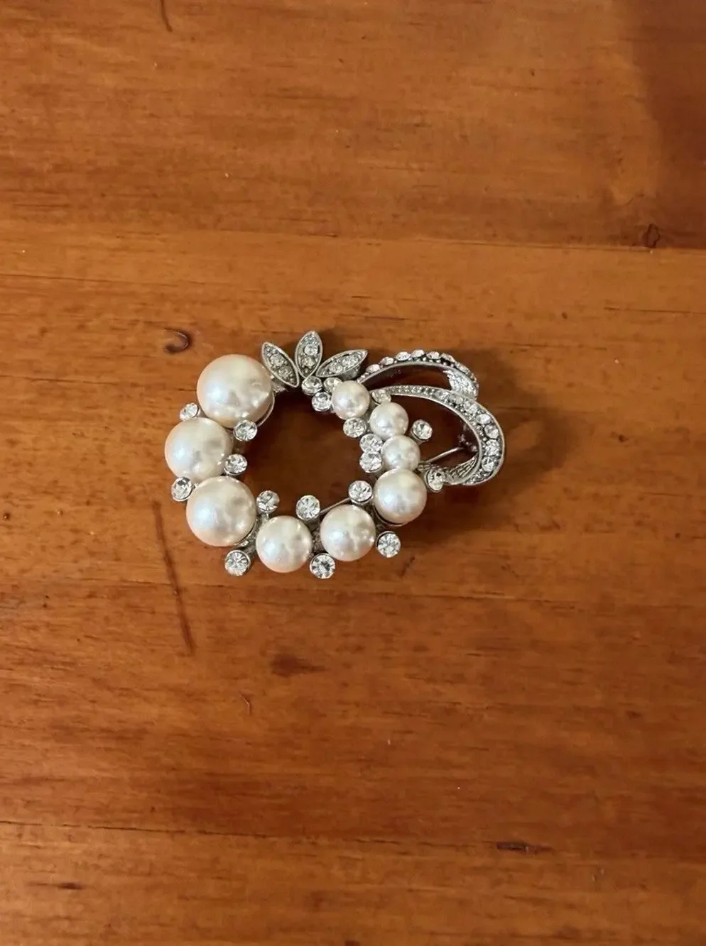 Silver Tone Faux Pearl Rhinestone Wreath Brooch Vintage Style Timeless Feminine